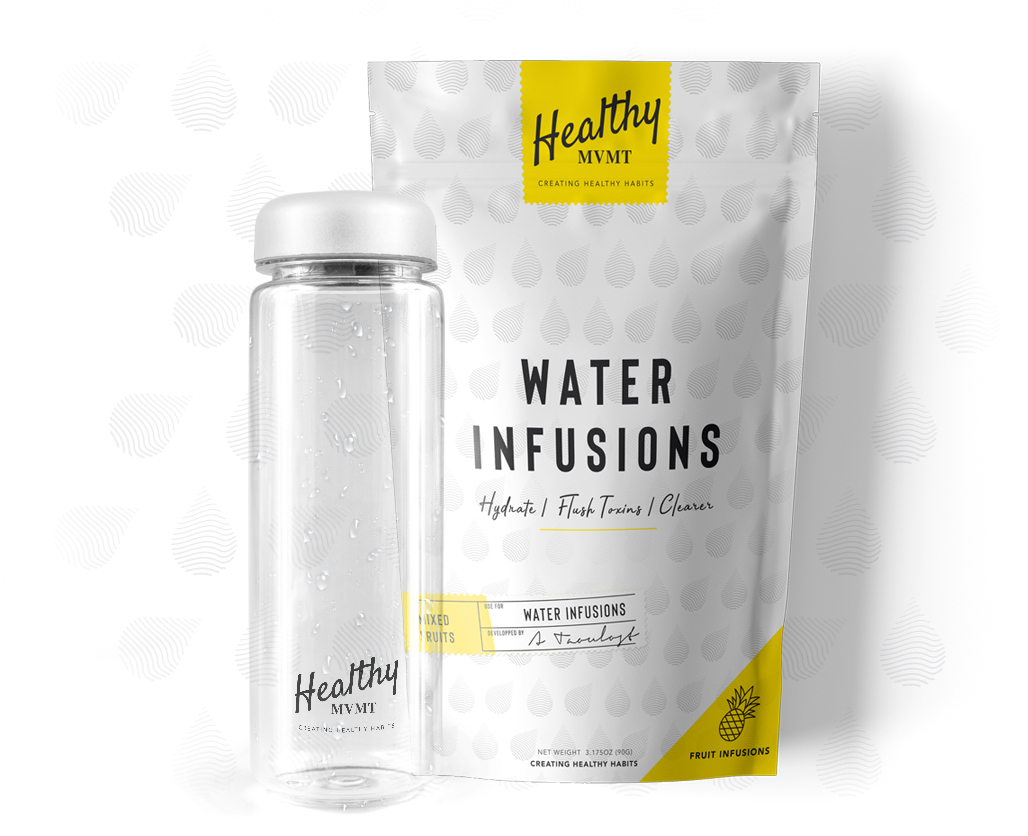 Fruit Water Infusions with Water Bottle by HealthyMVMT. White lid.